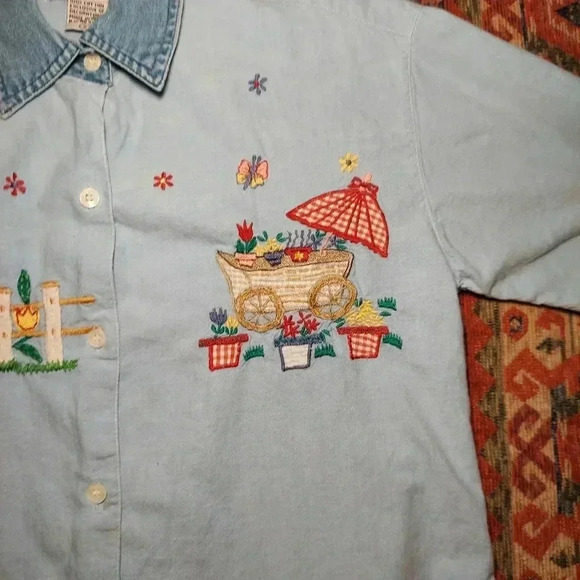 Vintage Keren Hart Gingham Floral Embroidered Spring Garden Button-Down - Picture 3 of 6